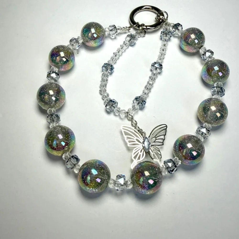 Fairycore‎ Iridescent Glitter Butterfly Beaded Bag Charm Keychain Y2K Whimsical